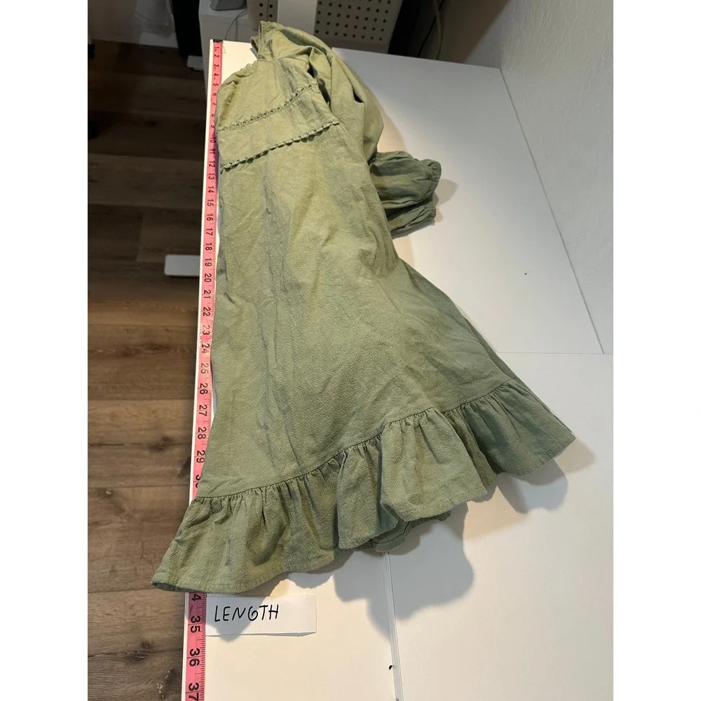 SHEIN VCAY Sage Green Cotton Puff Sleeve Smocked Mini Dress Crochet Trim Size M‎